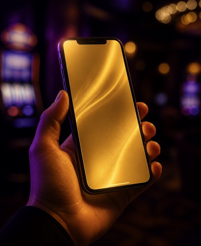 Una mano regge uno smartphone al buio, lo schermo acceso di luce dorata, sullo sfondo le luci sfocate di una sala slot